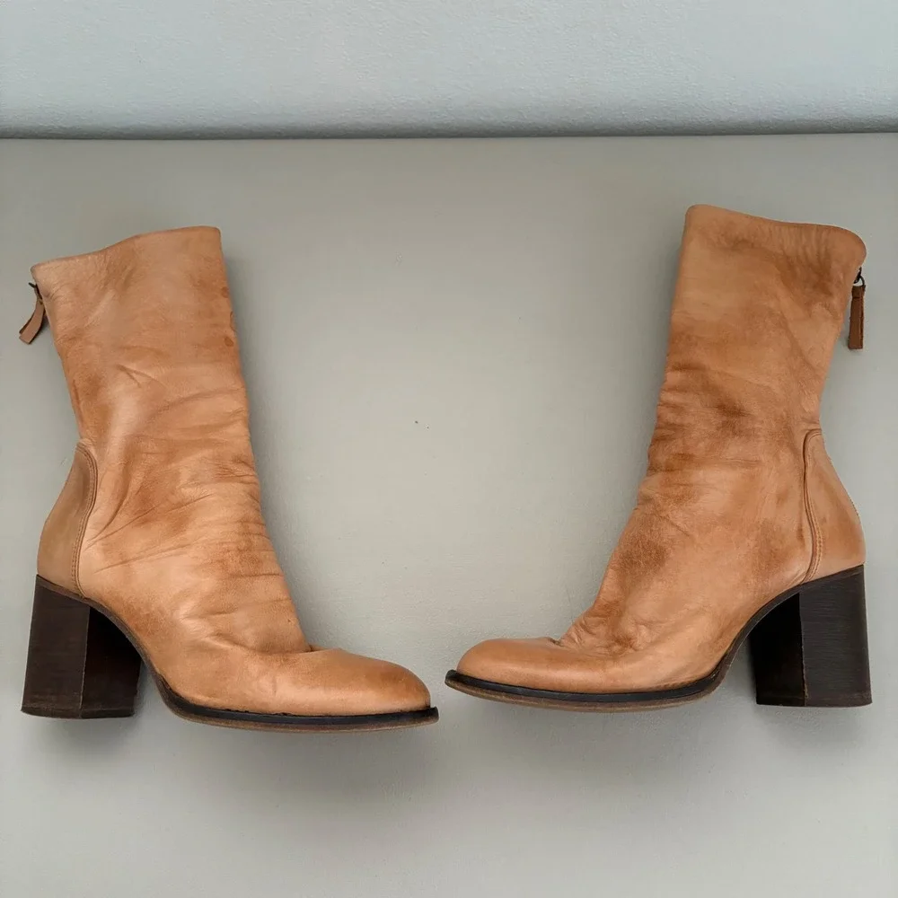 Free People Elle Block Heel Boot Slouchy Leather Back Zipper EU 39 US 8.5 Tan - Picture 2 of 11